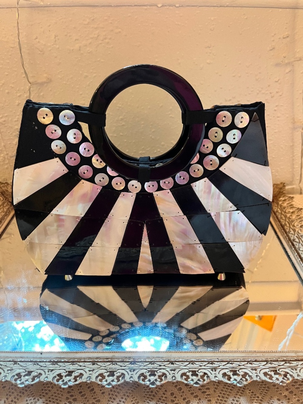 ✨ Stunning Black & Mother of Pearl Shell Statement Handbag, Round Handle, unique